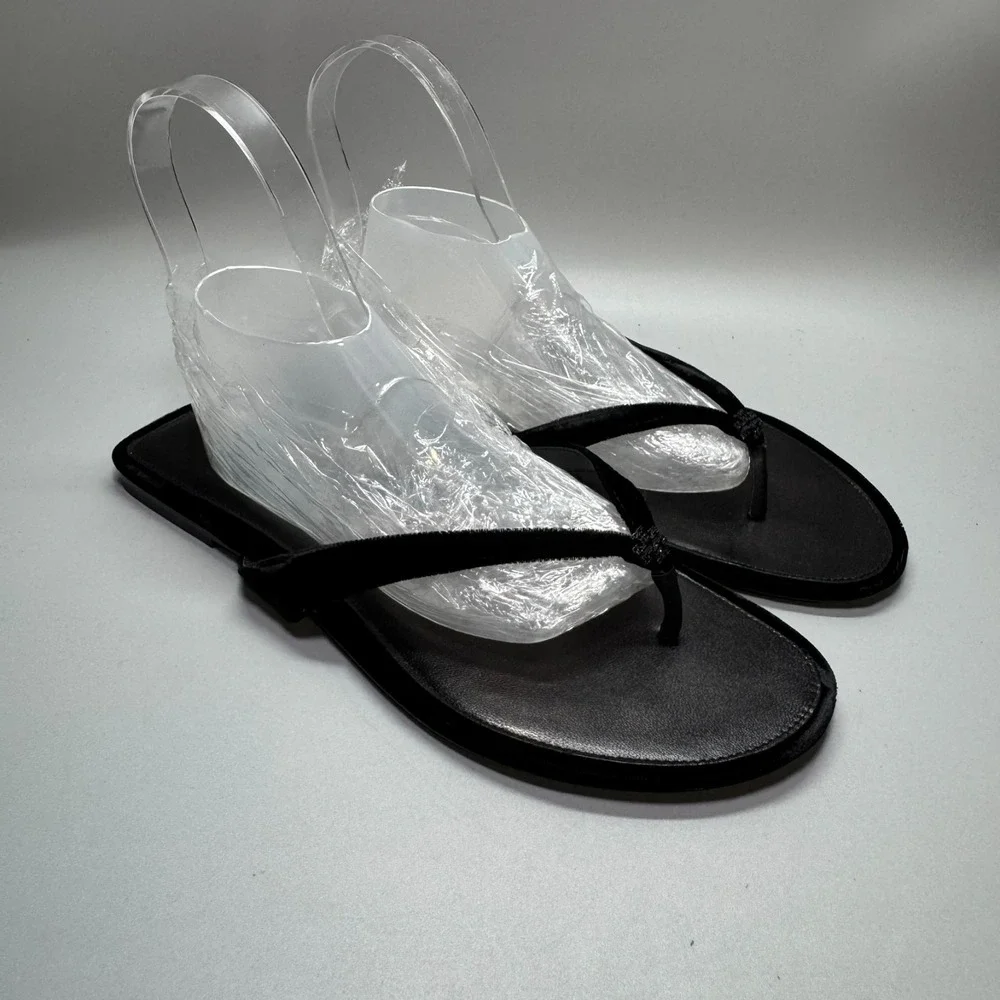 Tory Burch Classic Pave Logo Flip Flop Velvet Napa Leather‎ Black Sz 10 M